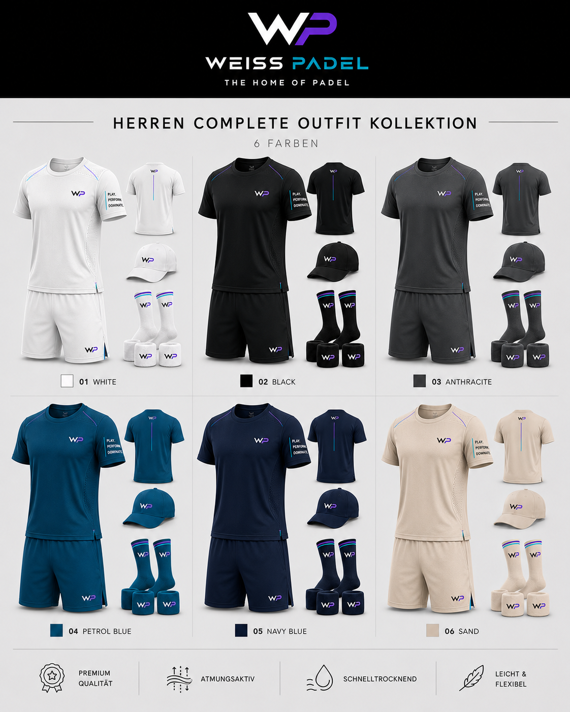 Vollständige WEISS PADEL Herren-Outfit-Kollektion in sechs Farben